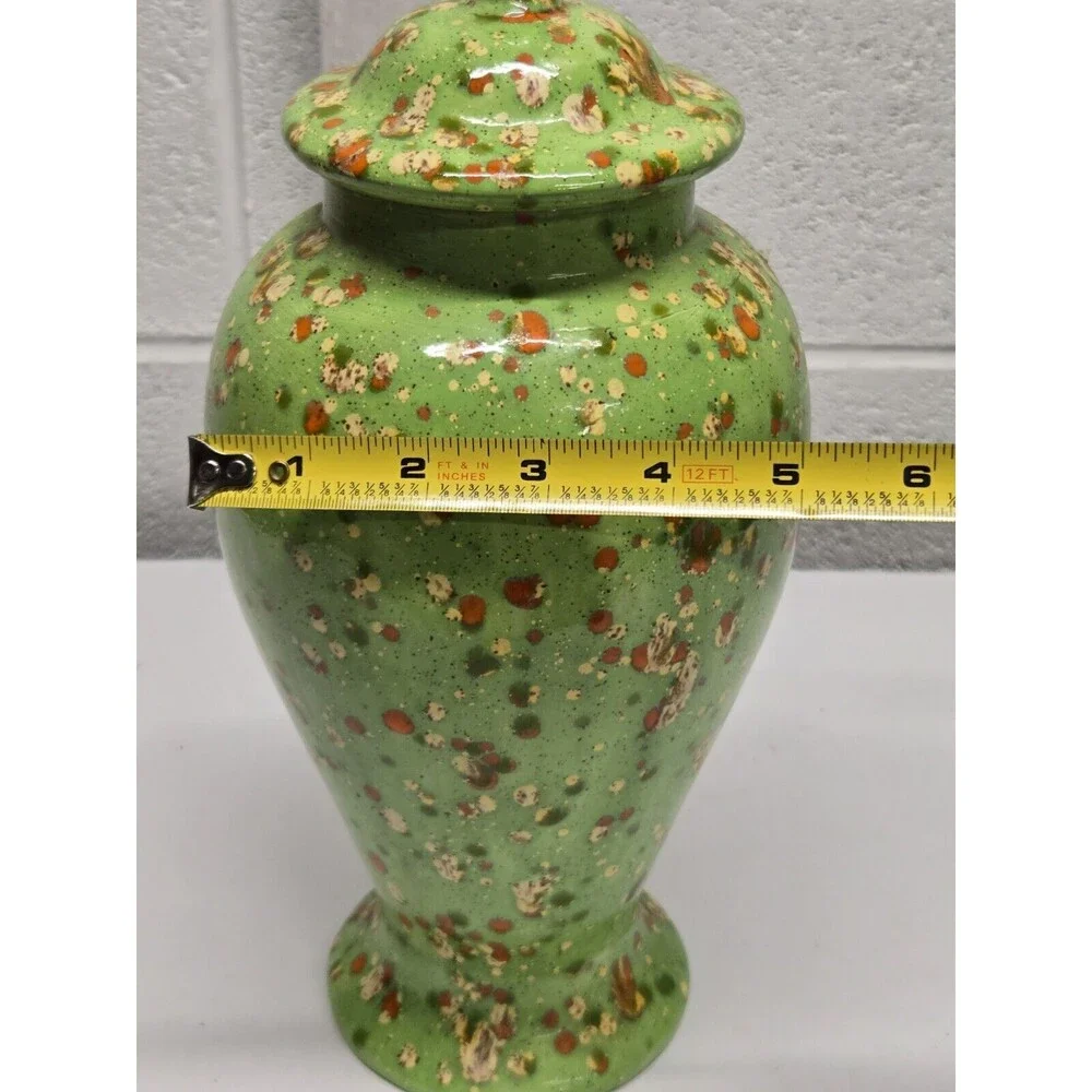Apothecary Style Jar Lid Large Ceramic Container Green Splatter 70's Perfect